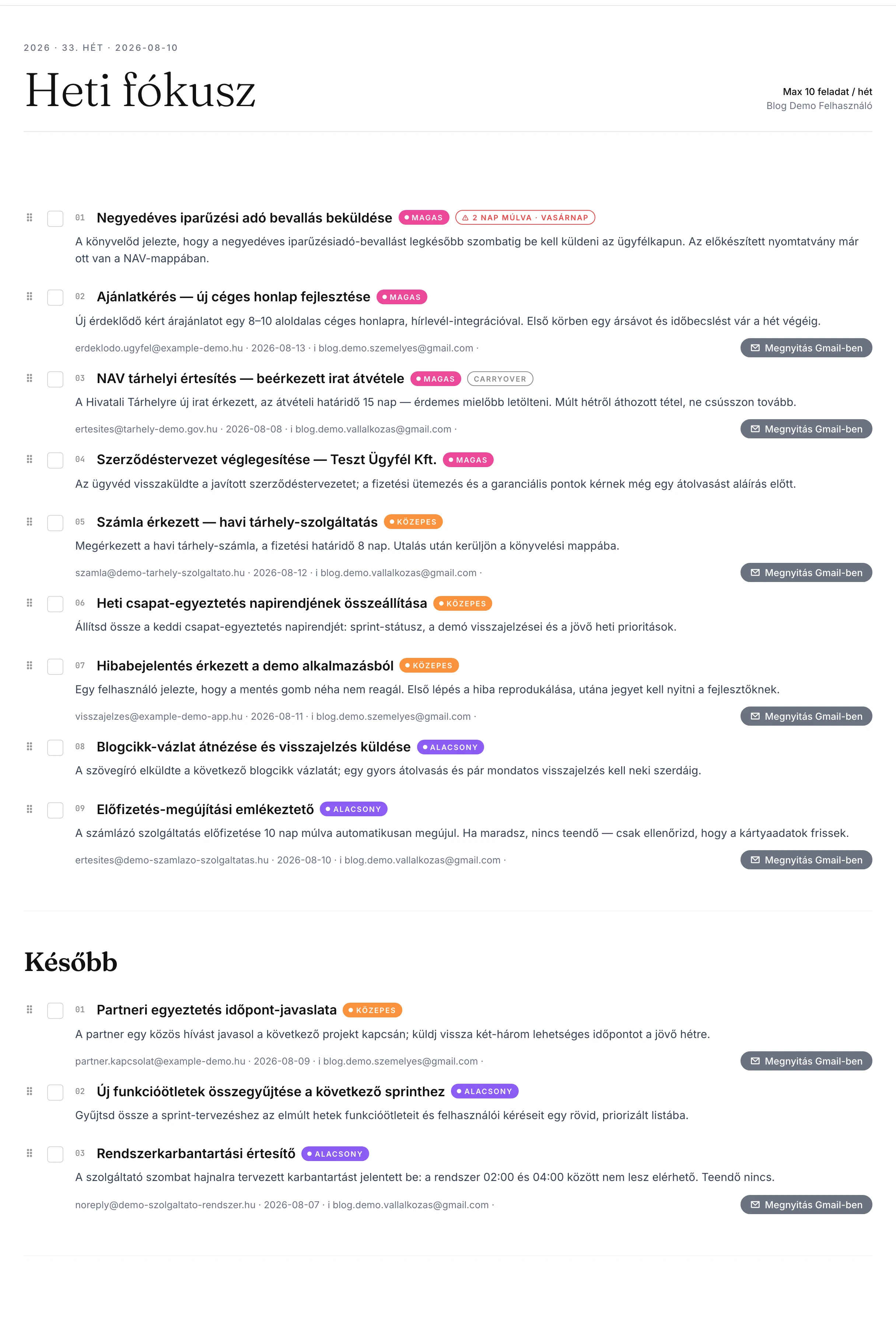 képernyőkép · a Heti fókusz lista rangsorolt tételekkel, alatta a „Később” lista első elemei