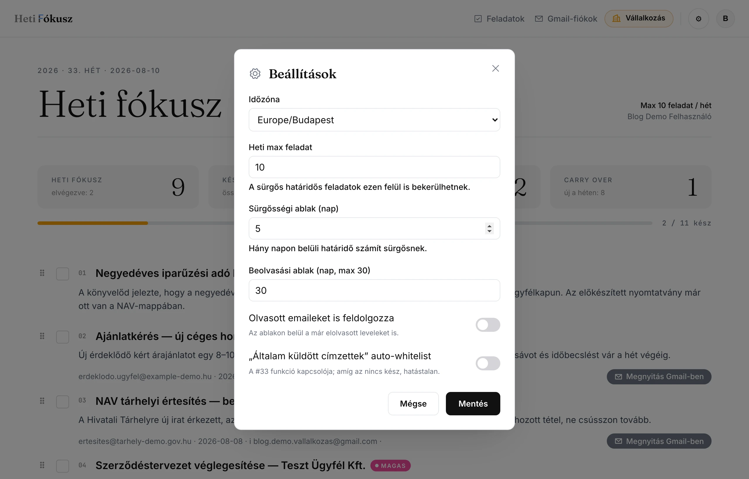 A Heti Fókusz beállítási ablaka a heti lista fölött megnyitva, benne a heti feladatkeretet szabályozó mező