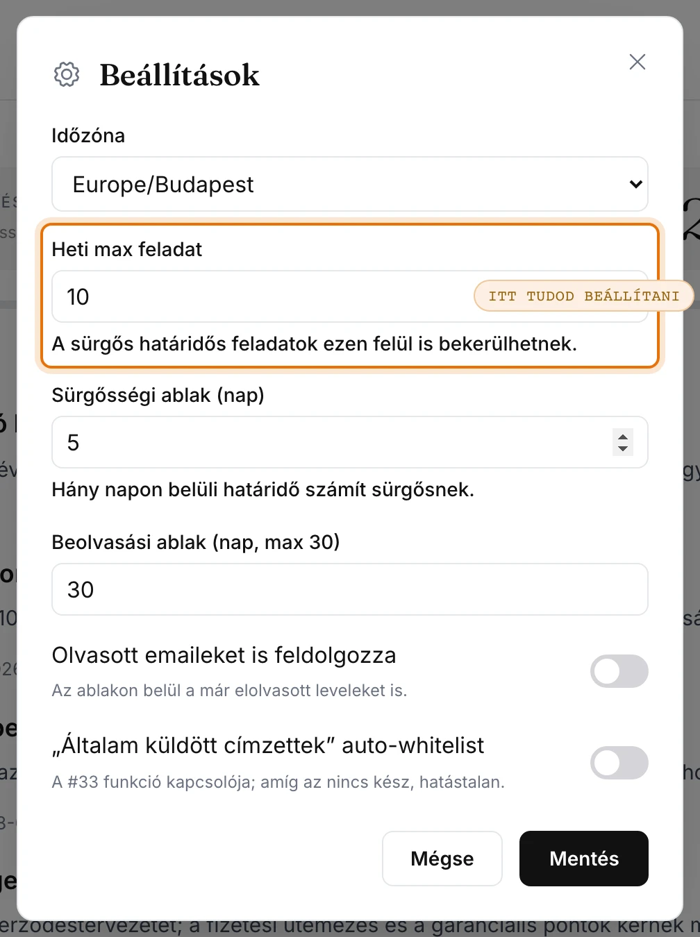 képernyőkép · a beállítási ablak „Heti max feladat” számmezője