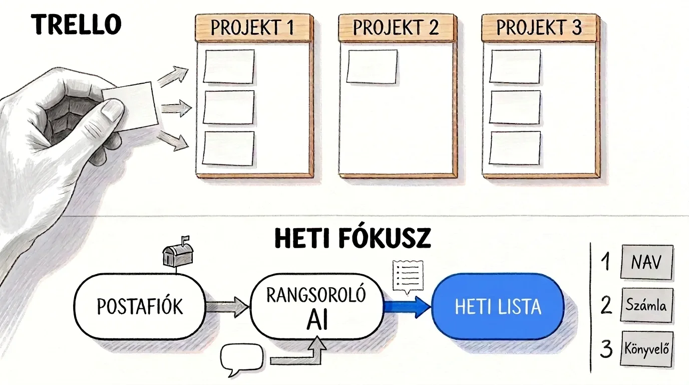 Kézzel rajzolt ábra két sorban. Fent, „TRELLO” felirattal: egy kéz üres kártyát helyez három tábla egyikére, a táblák fejléce „Projekt 1”, „Projekt 2” és „Projekt 3”. Lent, „HETI FÓKUSZ” felirattal: a „Postafiók” dobozból nyíl vezet a „Rangsoroló AI” dobozba, onnan kék nyíl a kékkel kitöltött „Heti lista” dobozba; egy beszélgetés-buborék alulról, külön nyíllal csatlakozik a „Rangsoroló AI” dobozhoz, megkerülve a postafiókot. Jobbra, függőleges vonal mögött három számozott kártya: 1 NAV, 2 Számla, 3 Könyvelő