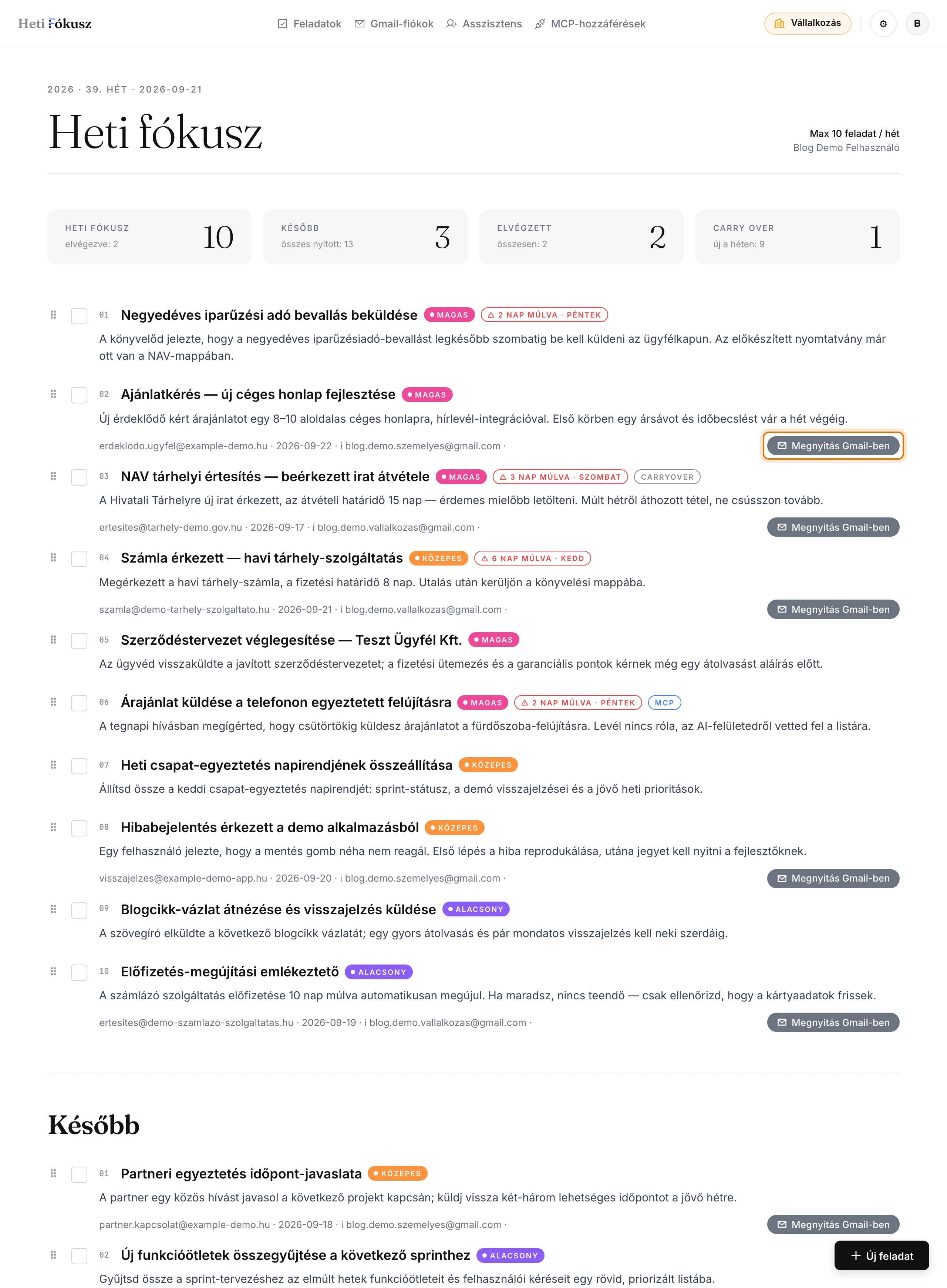 képernyőkép · a Heti Fókusz dashboardja világos témában, asztali szélességben: felül a négy információs doboz egy sorban („Heti fókusz”, „Később”, „Elvégzett”, „Carry over”), alattuk a „Heti fókusz” lista több rangsorolt tétellel — az egyik e-mailből született tételen jól látszik a feladó, a dátum, a Gmail-fiók címe és a bekarikázott link, amely a levélszálat a Gmailben nyitja meg, egy másik tételen „Carryover” címke —, a lista alatt a „Később” lista eleje; minden adat kitalált mintaadat
