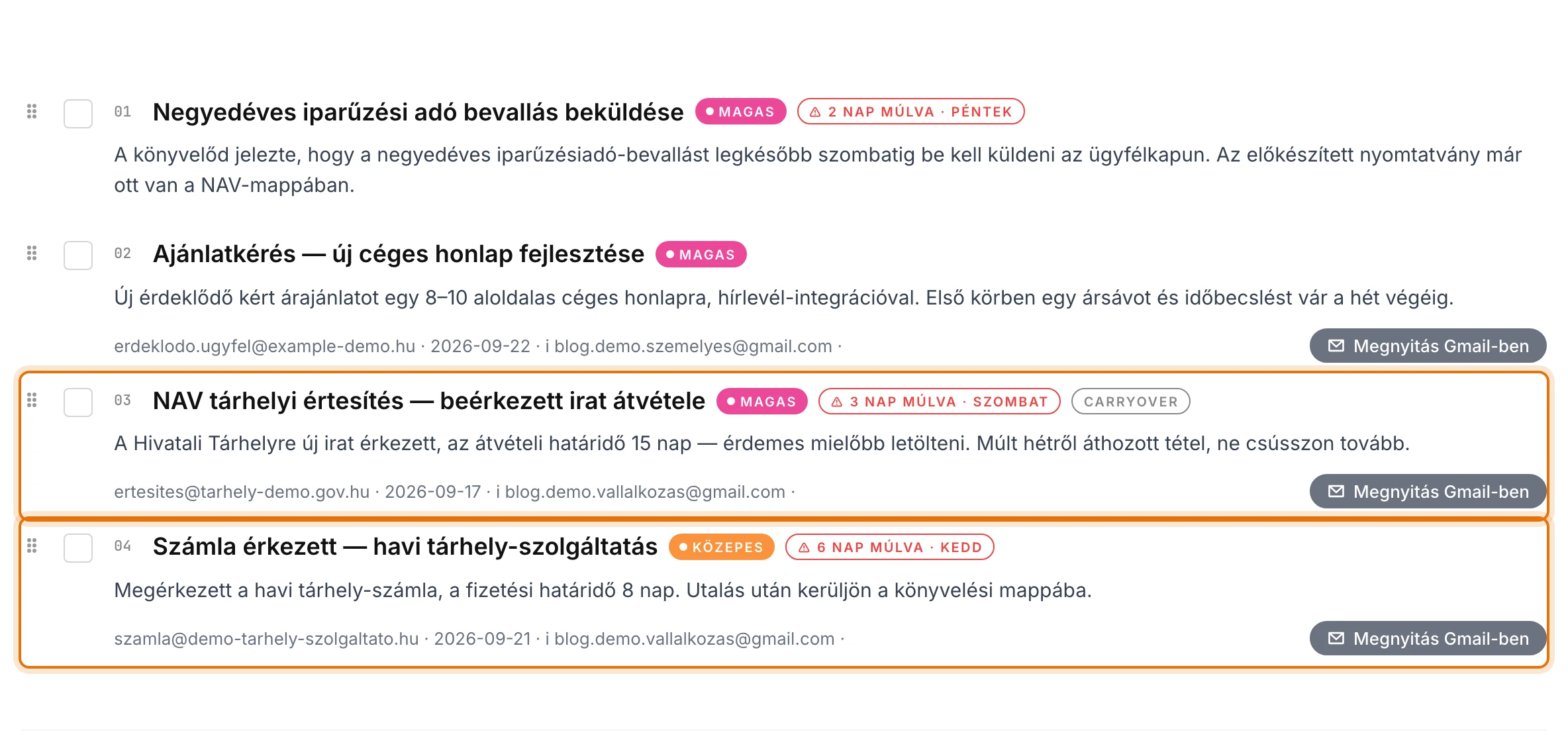 képernyőkép · a „Heti fókusz” lista teteje világos témában, asztali szélességben: az első helyek egyikén egy hatósági tétel („NAV — áfabevallás hiánypótlása” jellegű címmel, NAV-feladóval és határidőjelzéssel), közvetlenül alatta egy számlafizetési tétel (díjbekérő kifizetése, határidővel); mindkét tételen látszik a magyar nyelvű egysoros összefoglaló, a prioritásjelzés és a határidő; narancssárga karika a két tételen; minden adat kitalált mintaadat